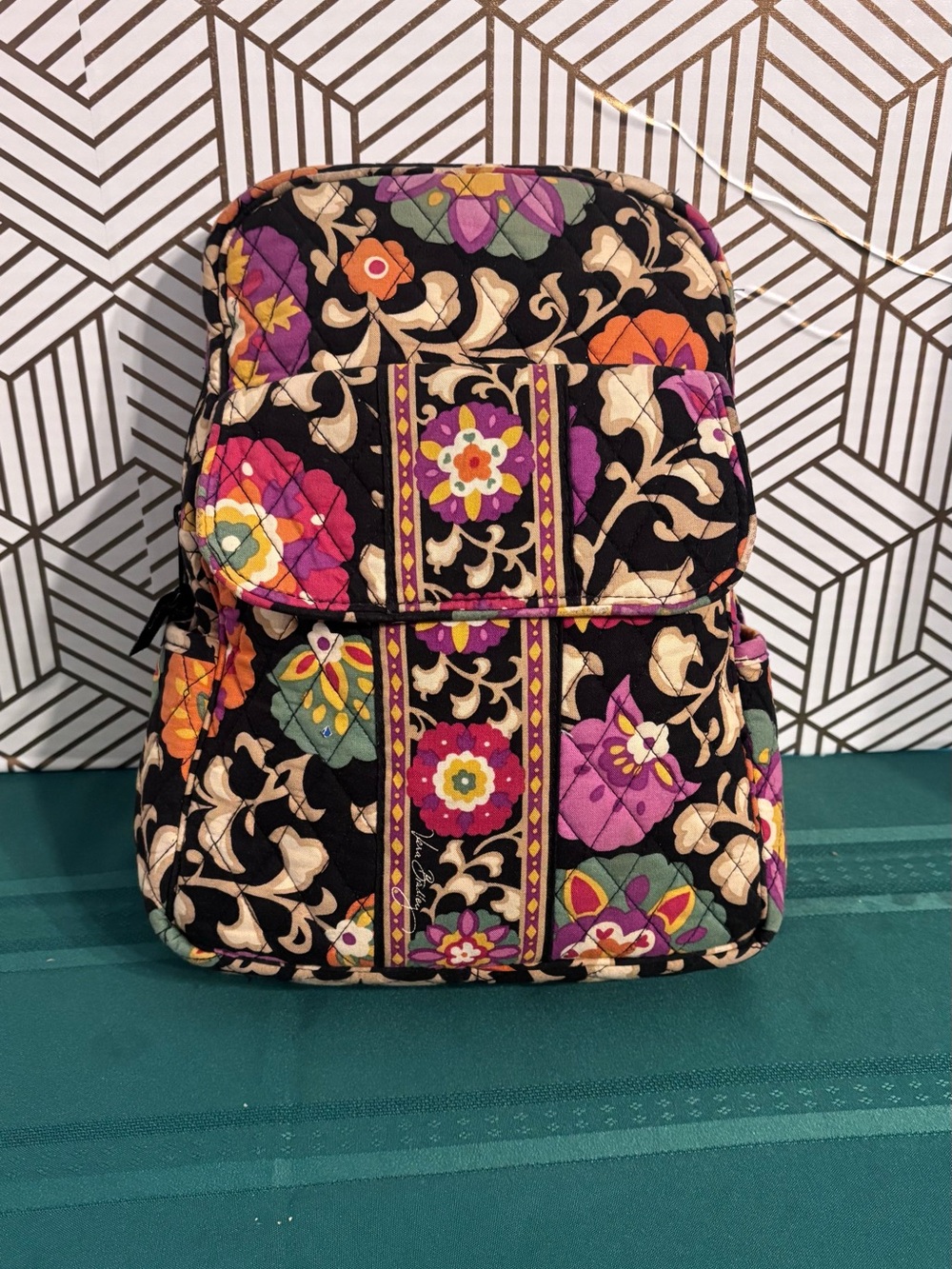 Vera Bradley Quilted Floral Mini Backpack - Black with Pink, Purple & Orange